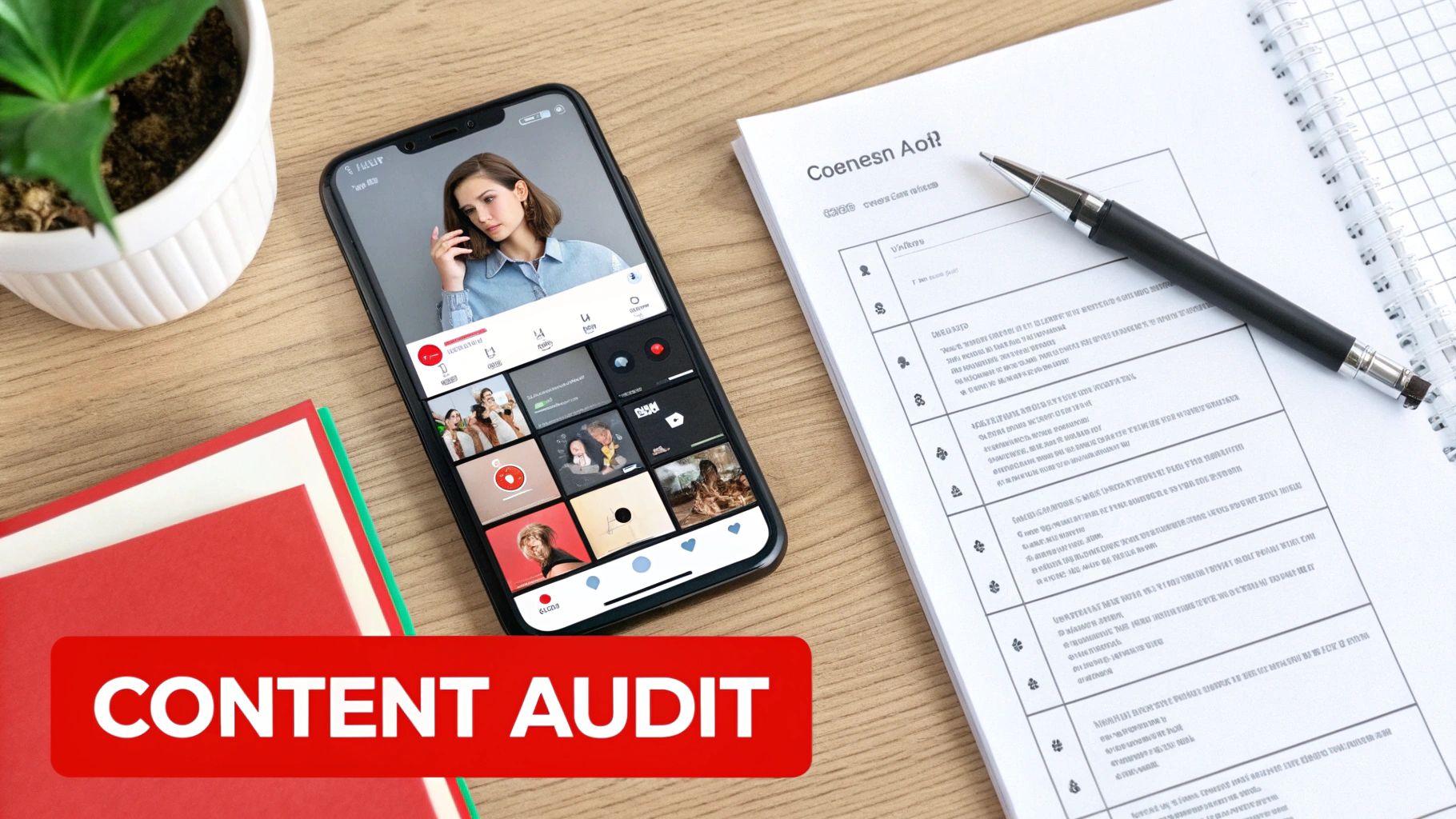A flat lay shows a smartphone with video content, a notebook, and a 'Content Audit' banner.