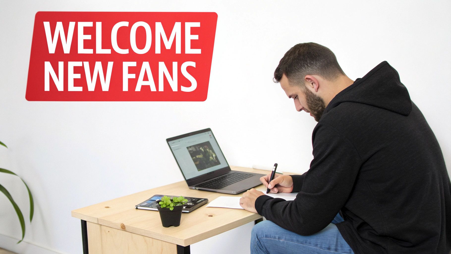 A man writes at a desk with a laptop and a 'WELCOME NEW FANS' sign on the wall.