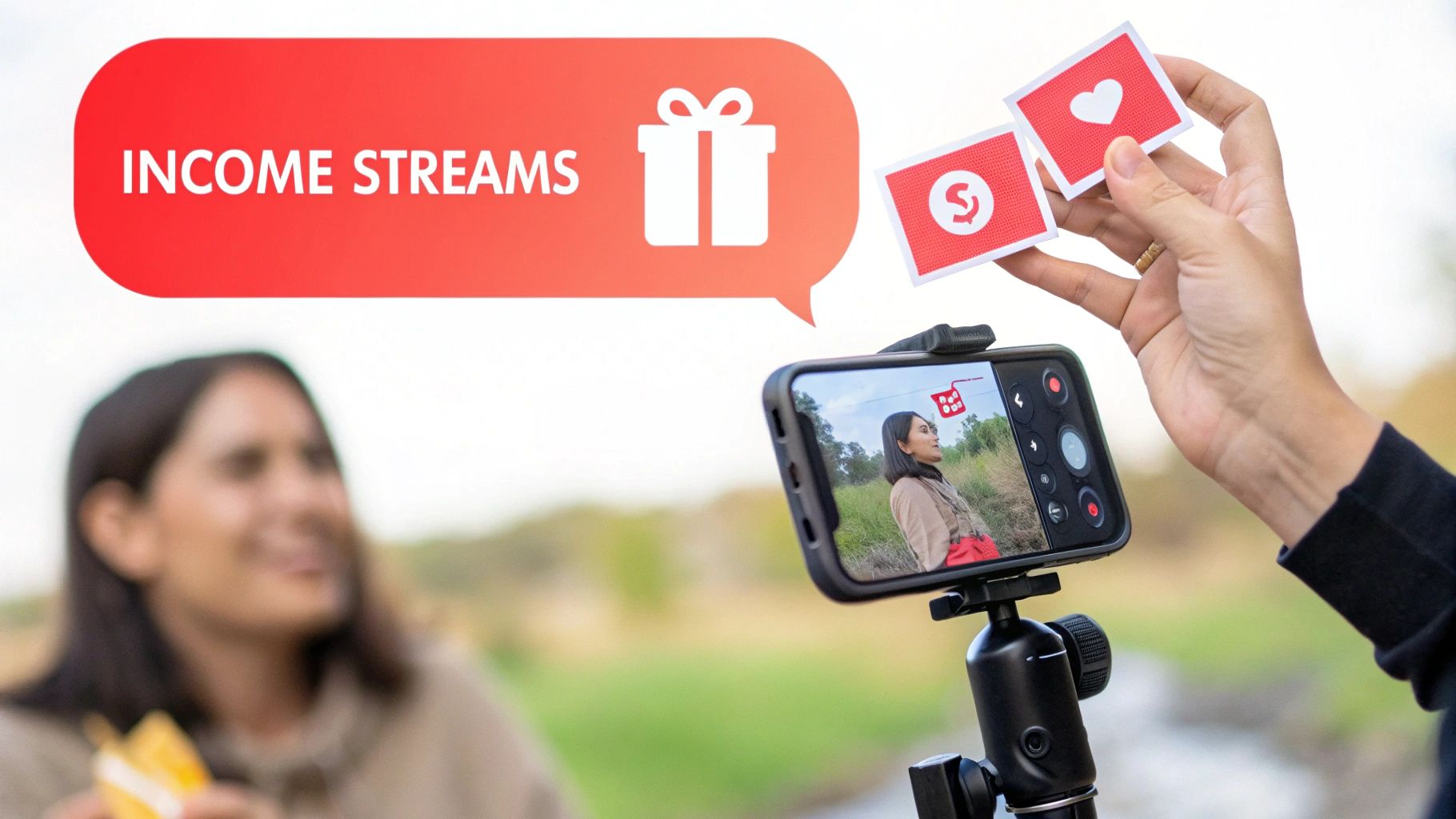 A person live streaming with a smartphone, showing 'Income Streams' graphic and gift/money cards.