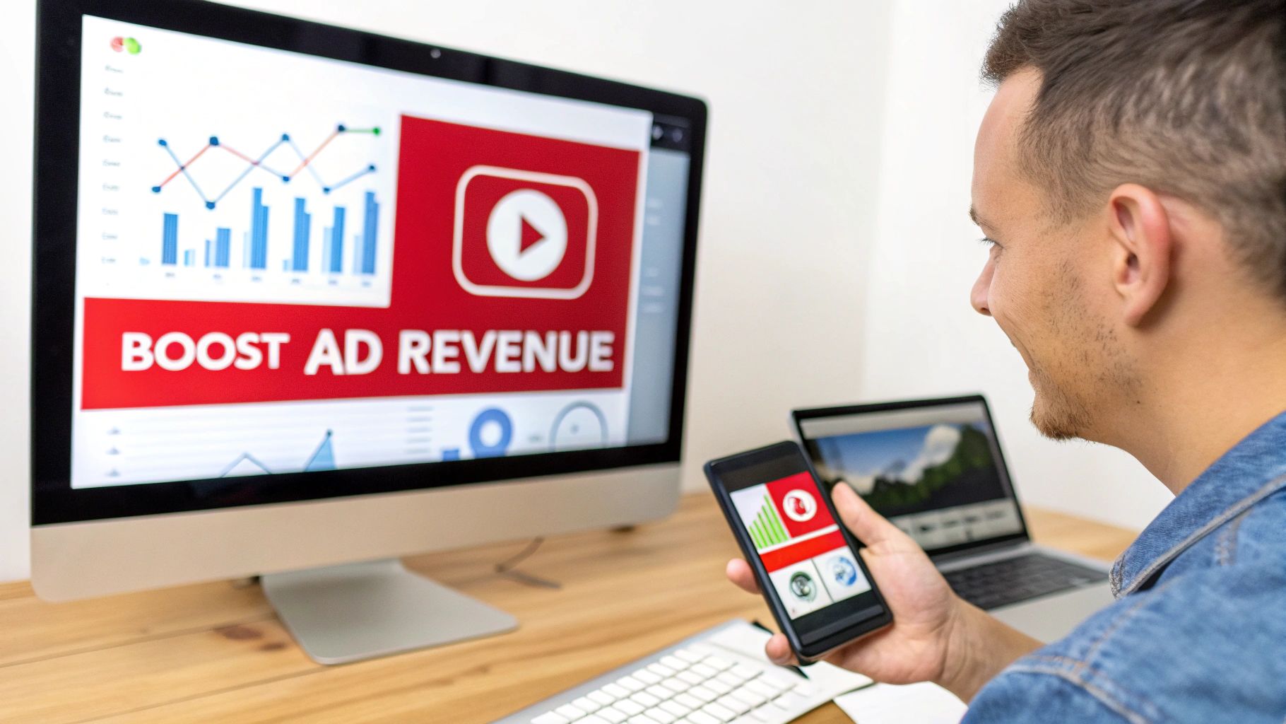 A creator navigating their YouTube Studio dashboard, focusing on the revenue and analytics section to track ad performance.