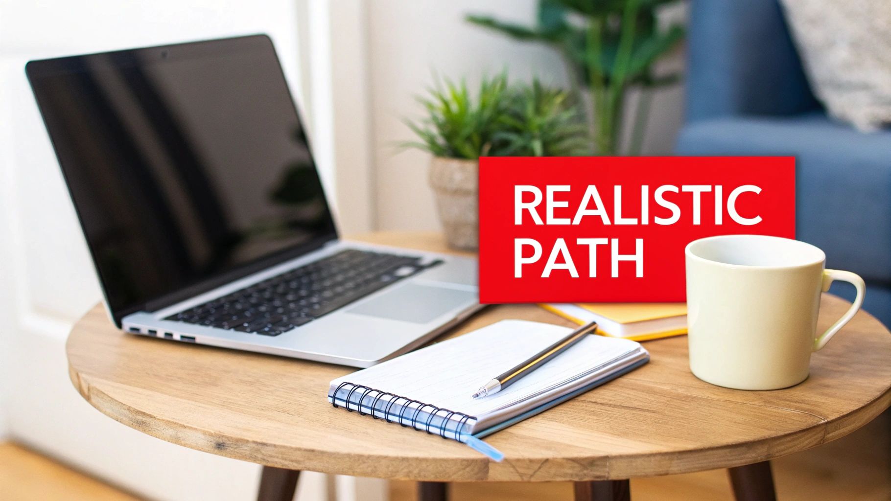 Laptop, notebook, pen and coffee mug on wooden desk with realistic path sign