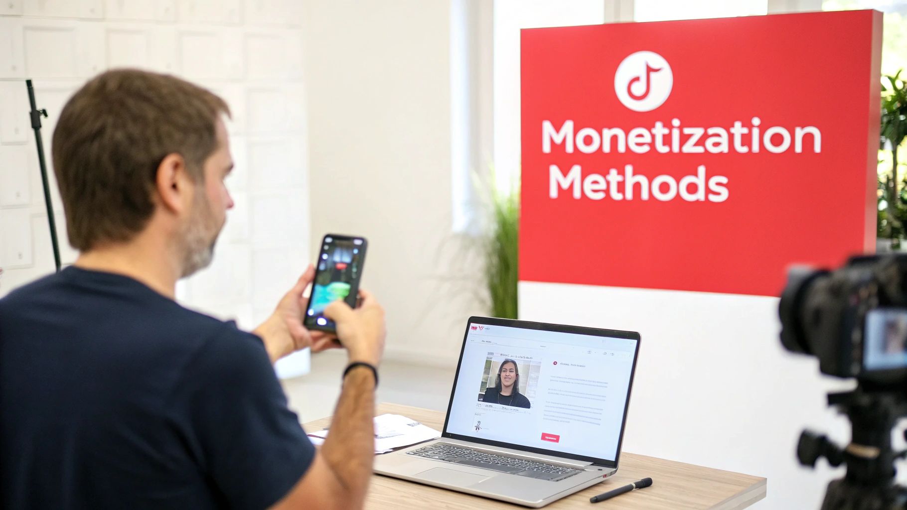 A man records a laptop screen displaying a profile, with a 'Monetization Methods' sign behind.