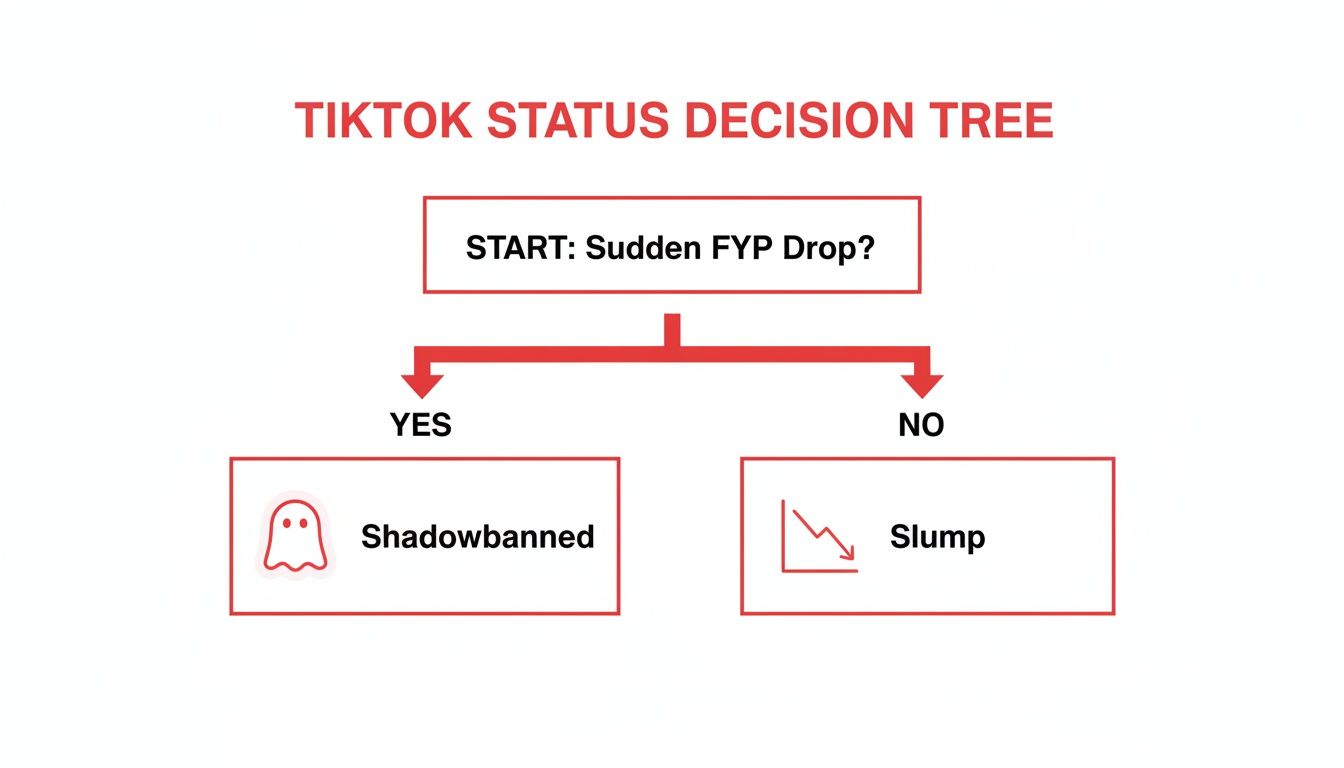 Decision tree illustrating TikTok status based on sudden FYP drops, leading to shadowbanned or slump.