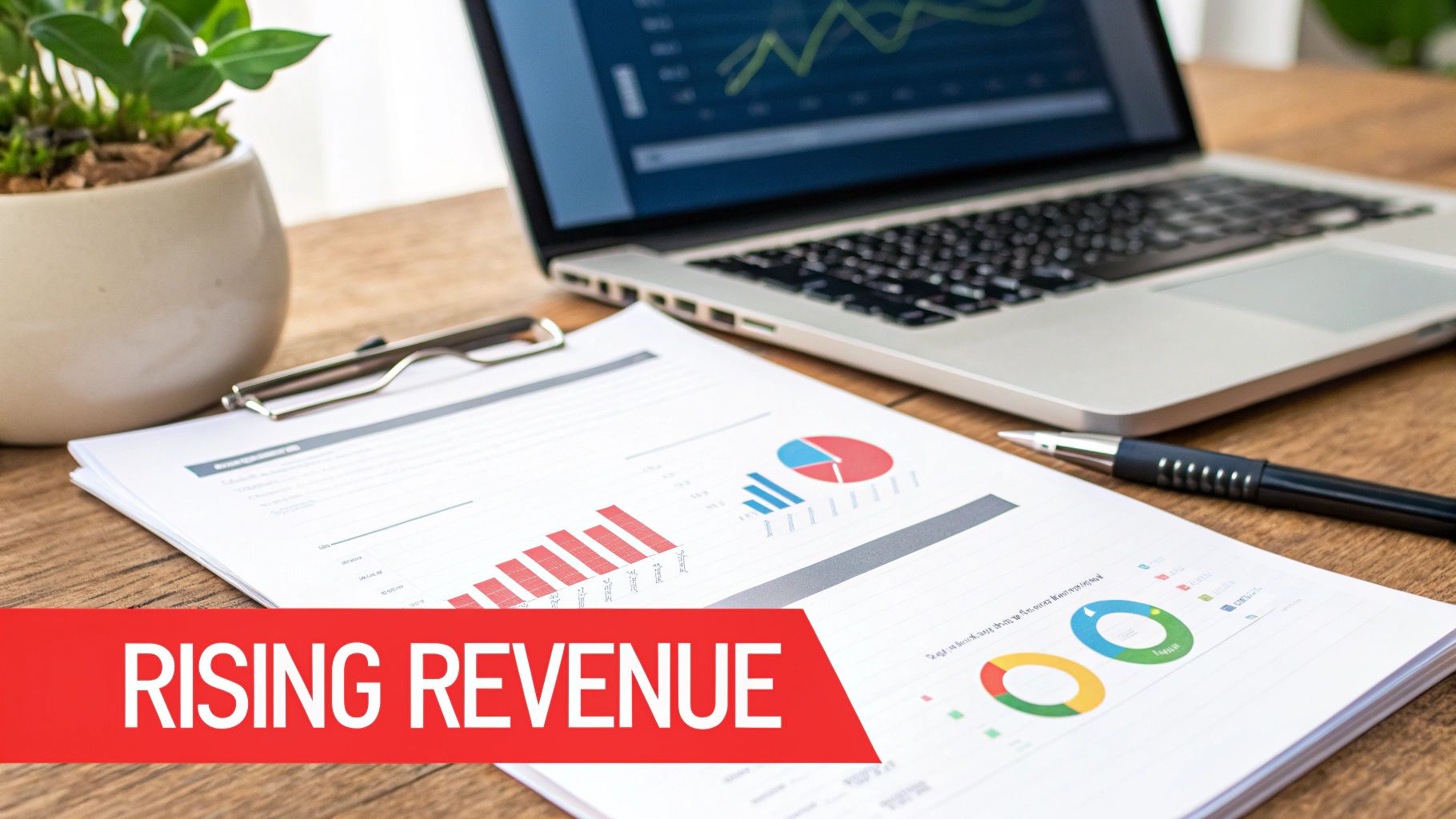 A desk with a laptop displaying charts, financial documents with graphs, a pen, and a 'Rising Revenue' banner.