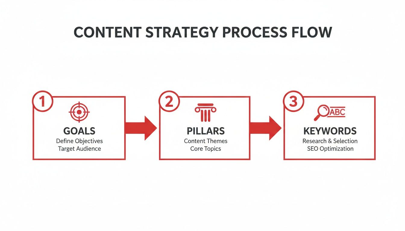 Content strategy process flow outlining three steps: goals, pillars, and keywords for content development.