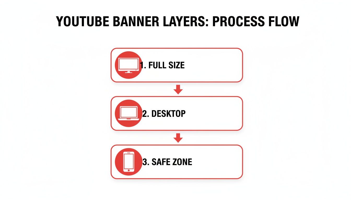 Process flow diagram showing YouTube banner layers: Full Size, Desktop, and Safe Zone with device icons.