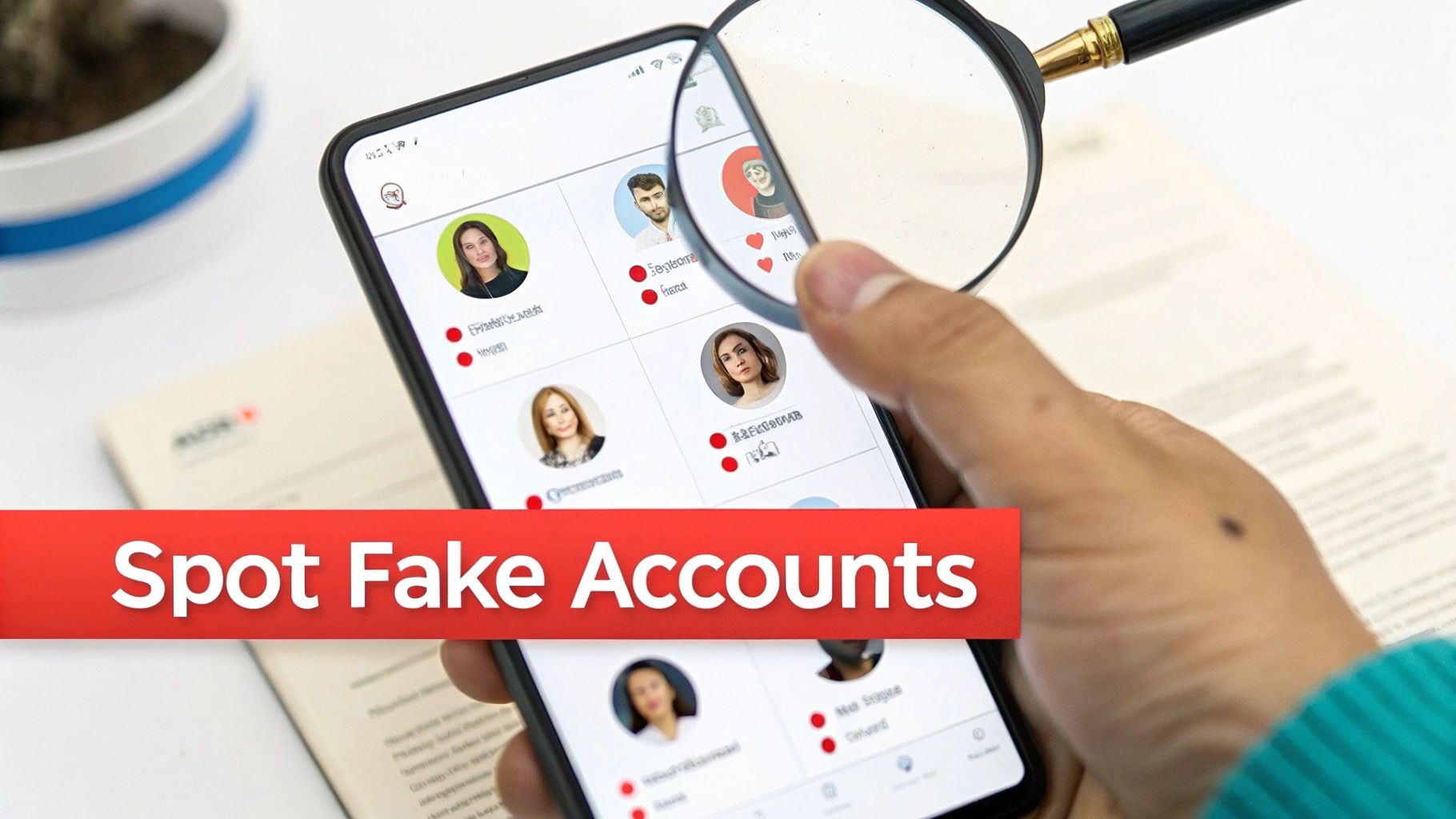 A person scrutinizes social media profiles on a smartphone with a magnifying glass to spot fake accounts.