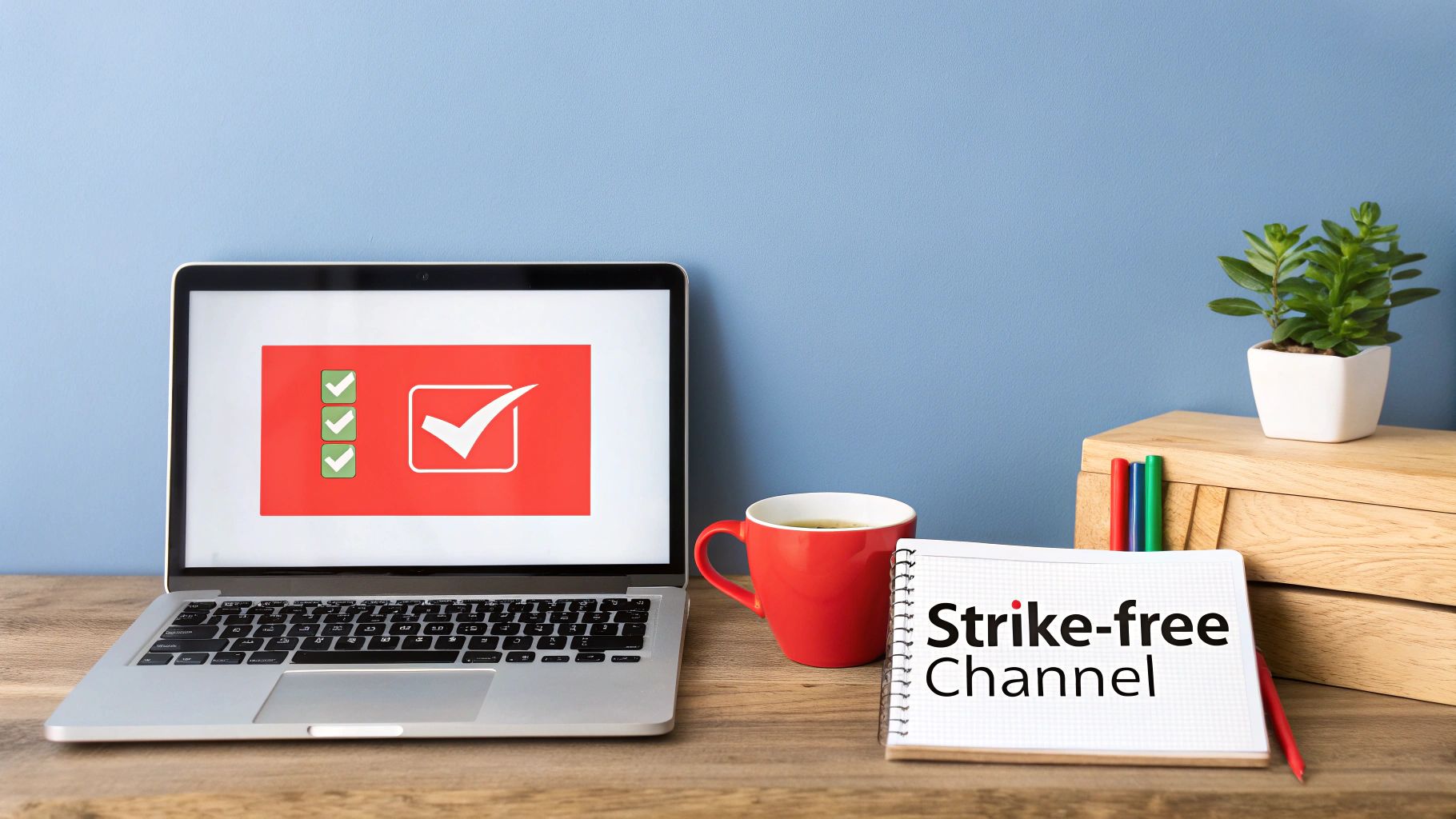 A desk setup with a laptop showing green checkmarks and a notebook reading 'Strike-free Channel'.