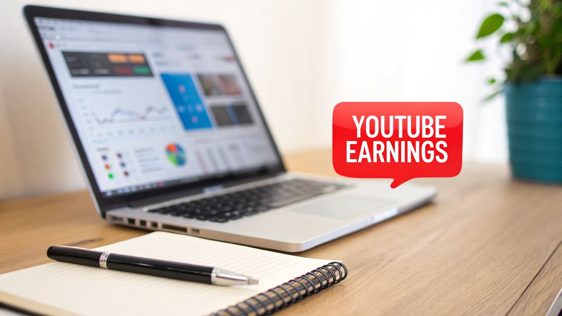 A laptop on a wooden desk displaying financial analytics, with a 'YouTube Earnings' speech bubble.