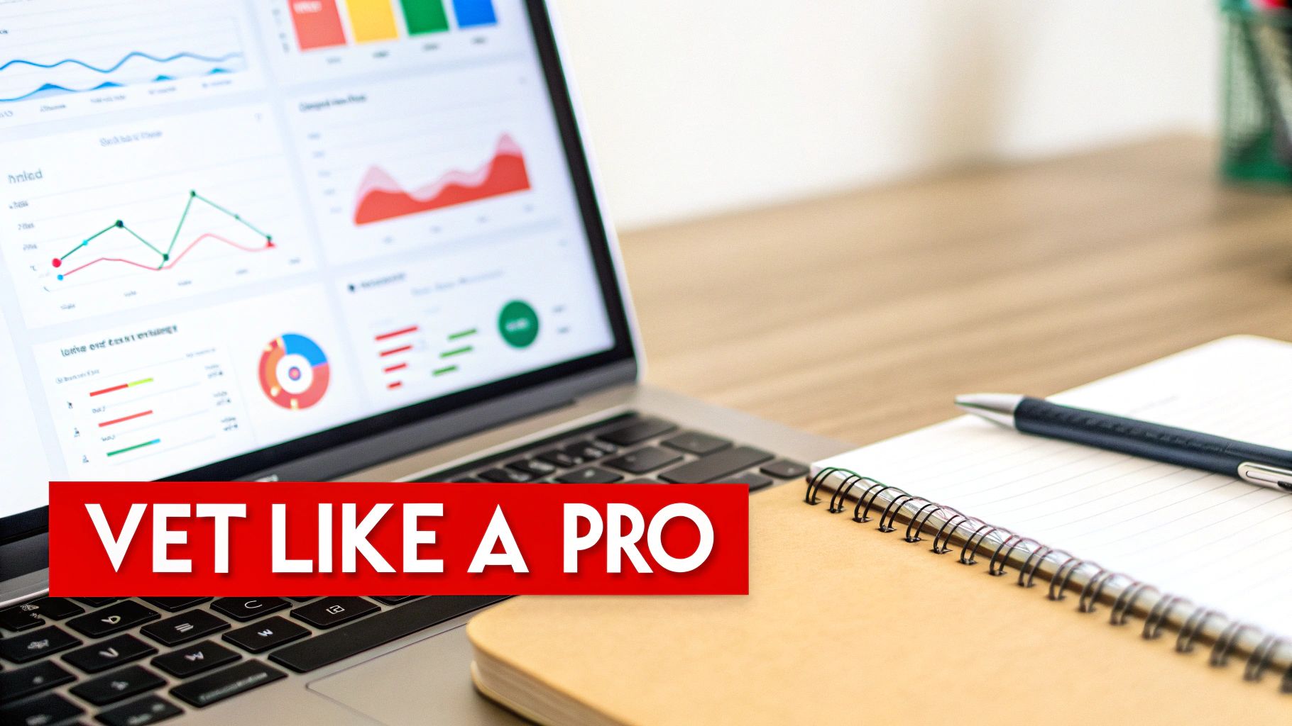 Laptop displaying colorful analytics dashboard charts and graphs on wooden desk with notebook and pen