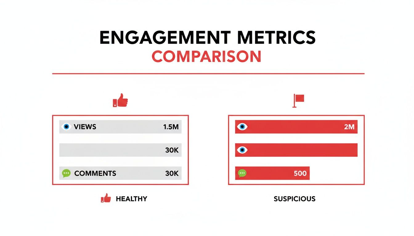 Comparison of healthy versus suspicious engagement metrics, highlighting views and comments disparities.