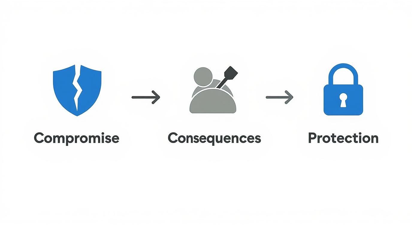 A diagram illustrating a broken shield representing compromise, leading to consequences, and ultimately to a padlock representing protection.