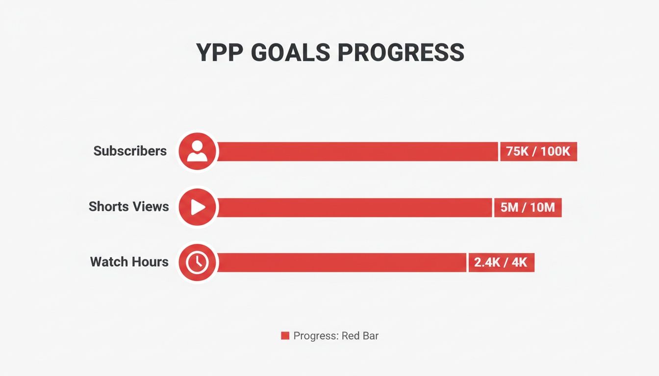 A YPP Goals Progress chart showing progress towards YouTube monetization for subscribers, shorts views, and watch hours.