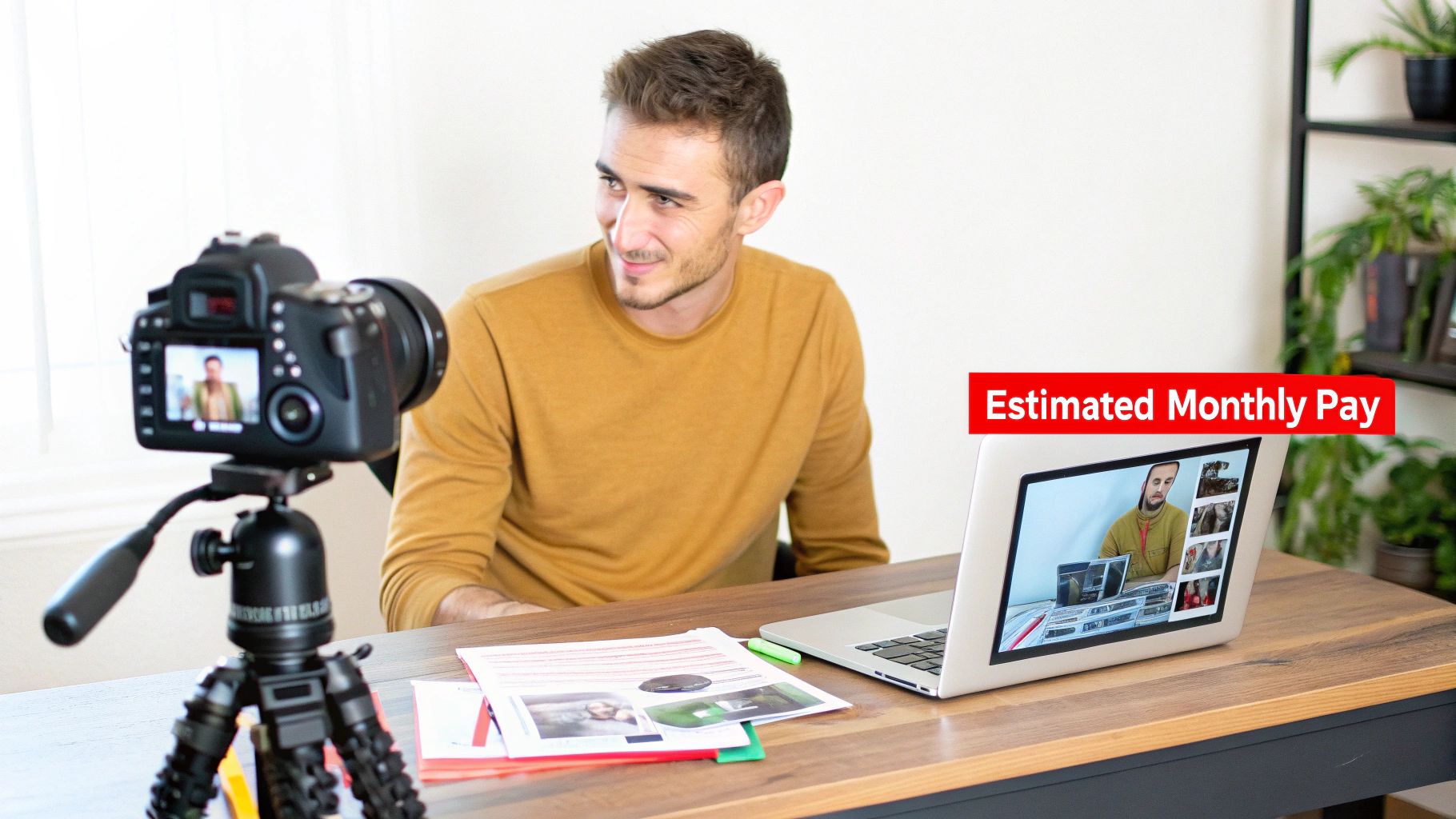 A content creator filming himself with a DSLR camera and checking footage on a laptop.