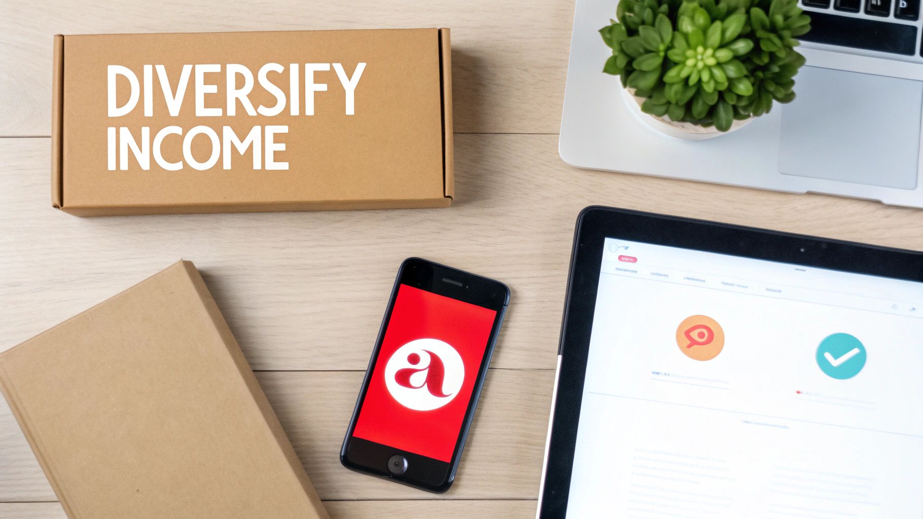 A flat lay of a desk with a box reading 'DIVERSIFY INCOME', a phone, tablet, laptop, and plant.