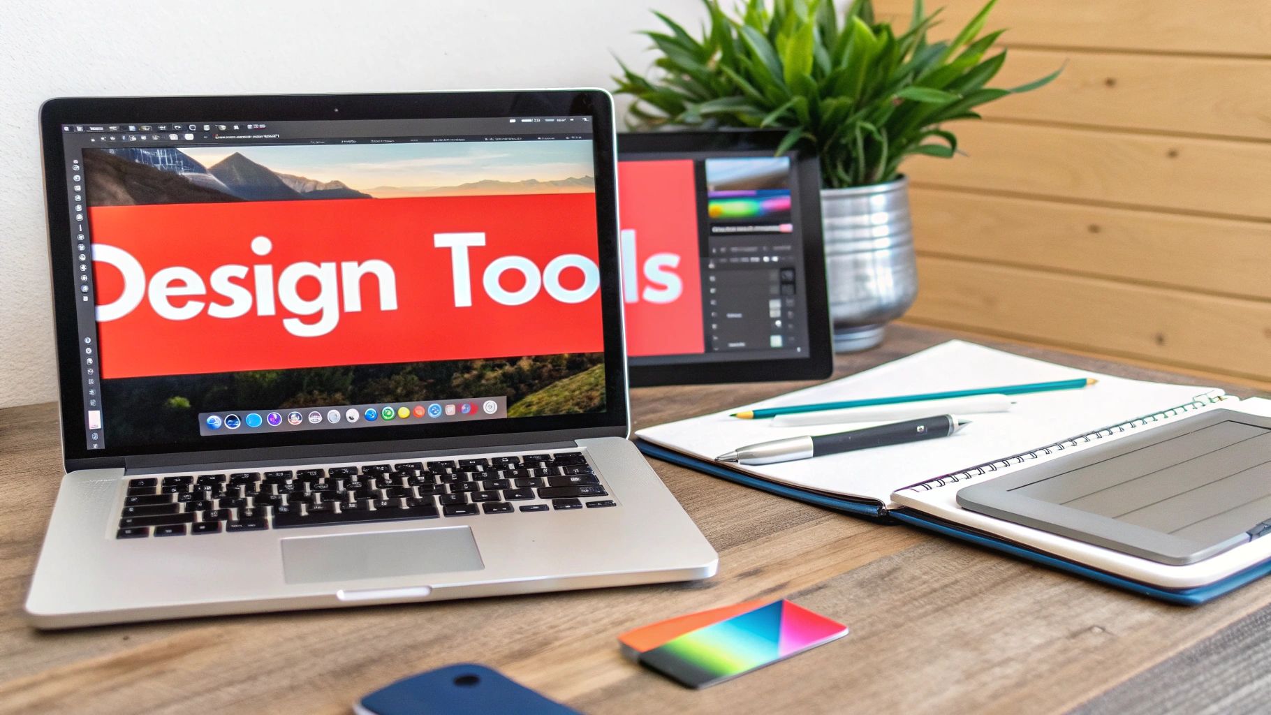 A creative workspace featuring a laptop and tablet displaying 'Design Tools', alongside a notebook and pencils.