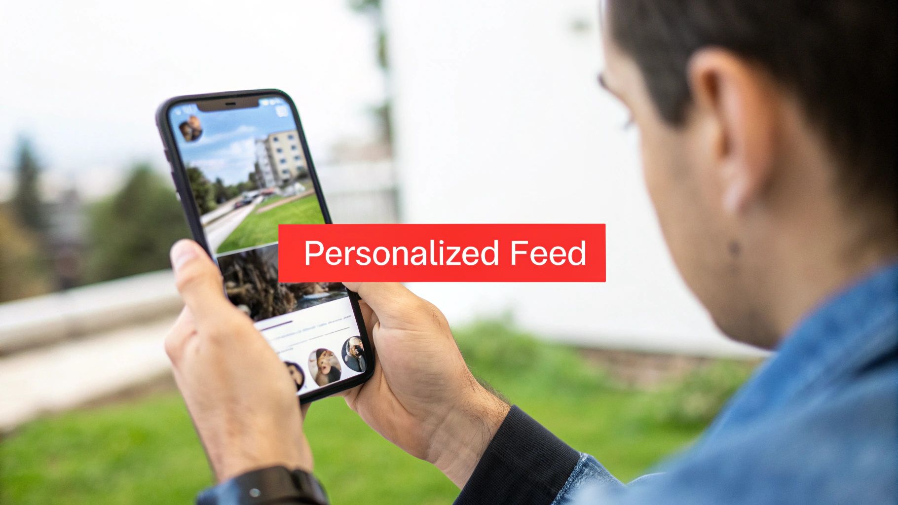 A woman browsing TikTok on her phone, illustrating the personalized 'For You' page.