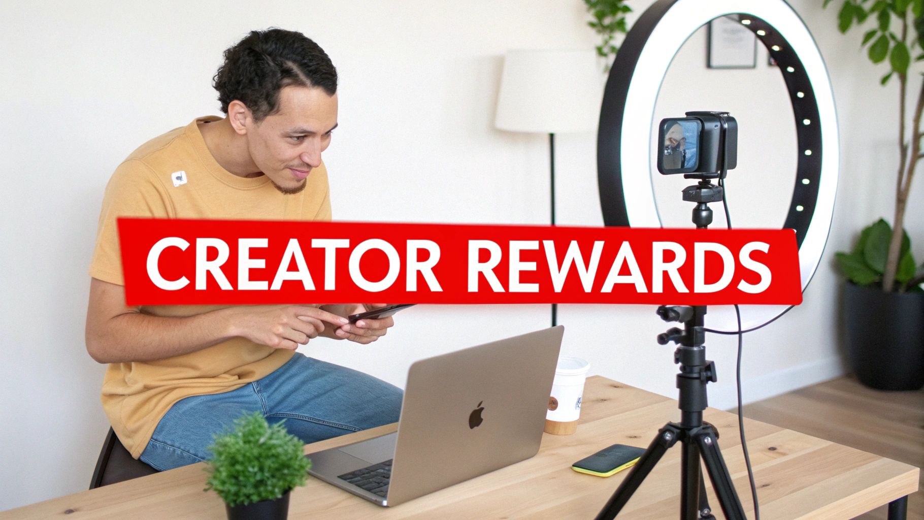 A man sits at a desk with a laptop and phone, in front of a ring light, with a "CREATOR REWARDS" banner.