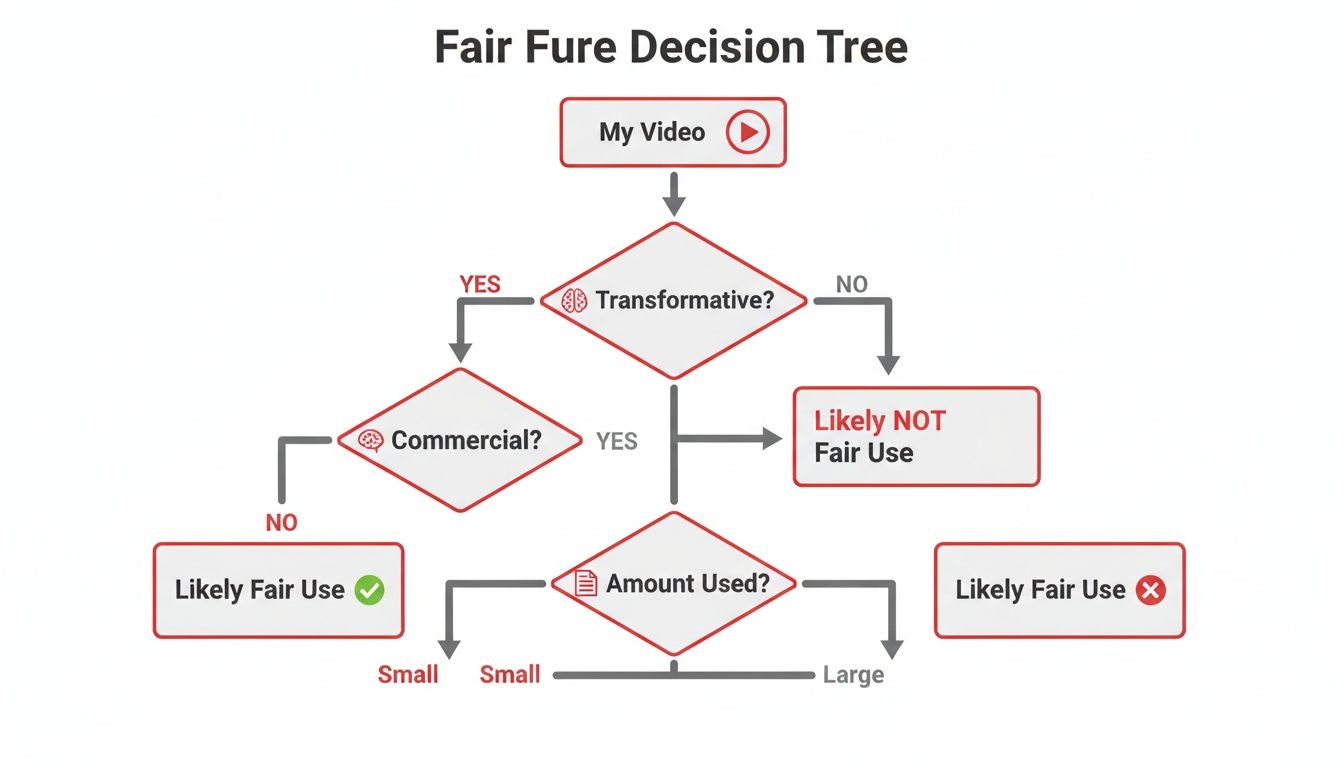 A decision tree flowchart guiding users through fair use determination for their video content.