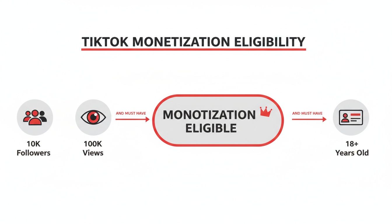 Diagram illustrates TikTok monetization eligibility criteria: 10K followers, 100K views, and 18+ years old.