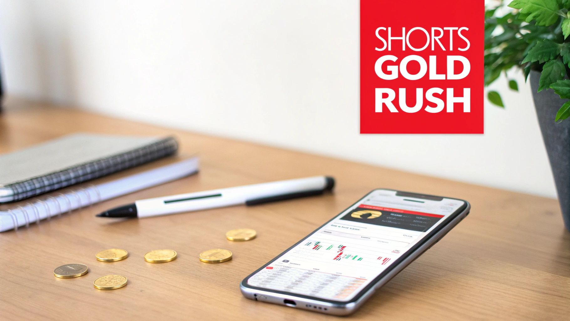 A desk with a smartphone showing financial charts, gold coins, and a 'Shorts Gold Rush' sign.