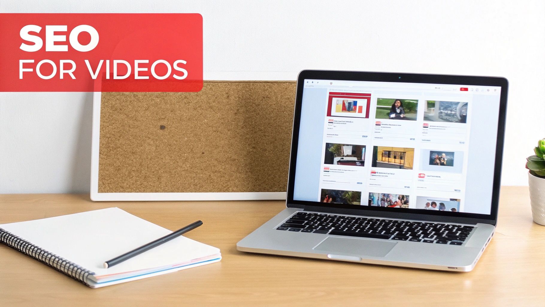 A laptop showing video thumbnails and a red banner reading 'SEO FOR VIDEOS' on a desk with a notebook.