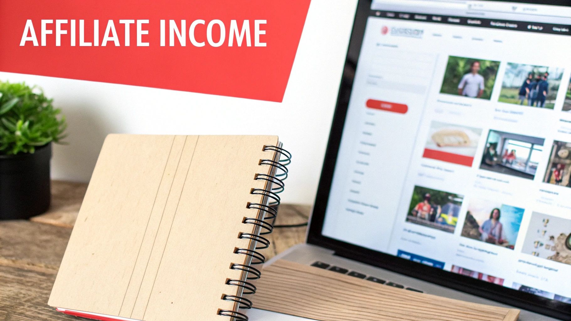 A desk setup with a laptop displaying a content website, a notebook, and a plant, with 'AFFILIATE INCOME' text on a red banner.