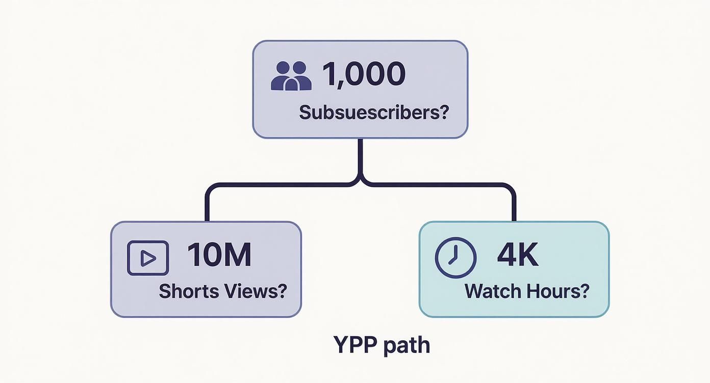 YouTube Partner Program (YPP) eligibility flowchart: 1000 subscribers and either 10M Shorts views or 4K watch hours.