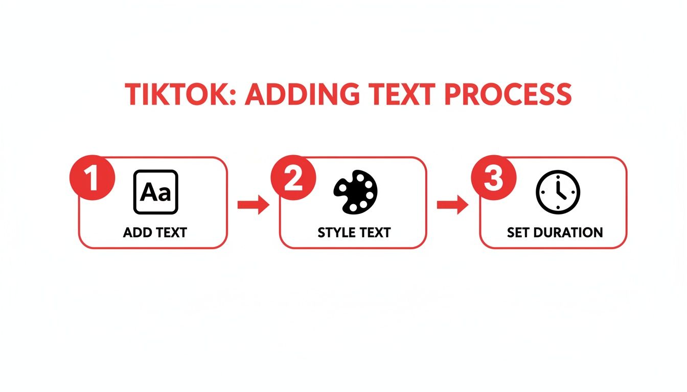 A three-step infographic showing how to add, style, and set the duration of text in TikTok videos.