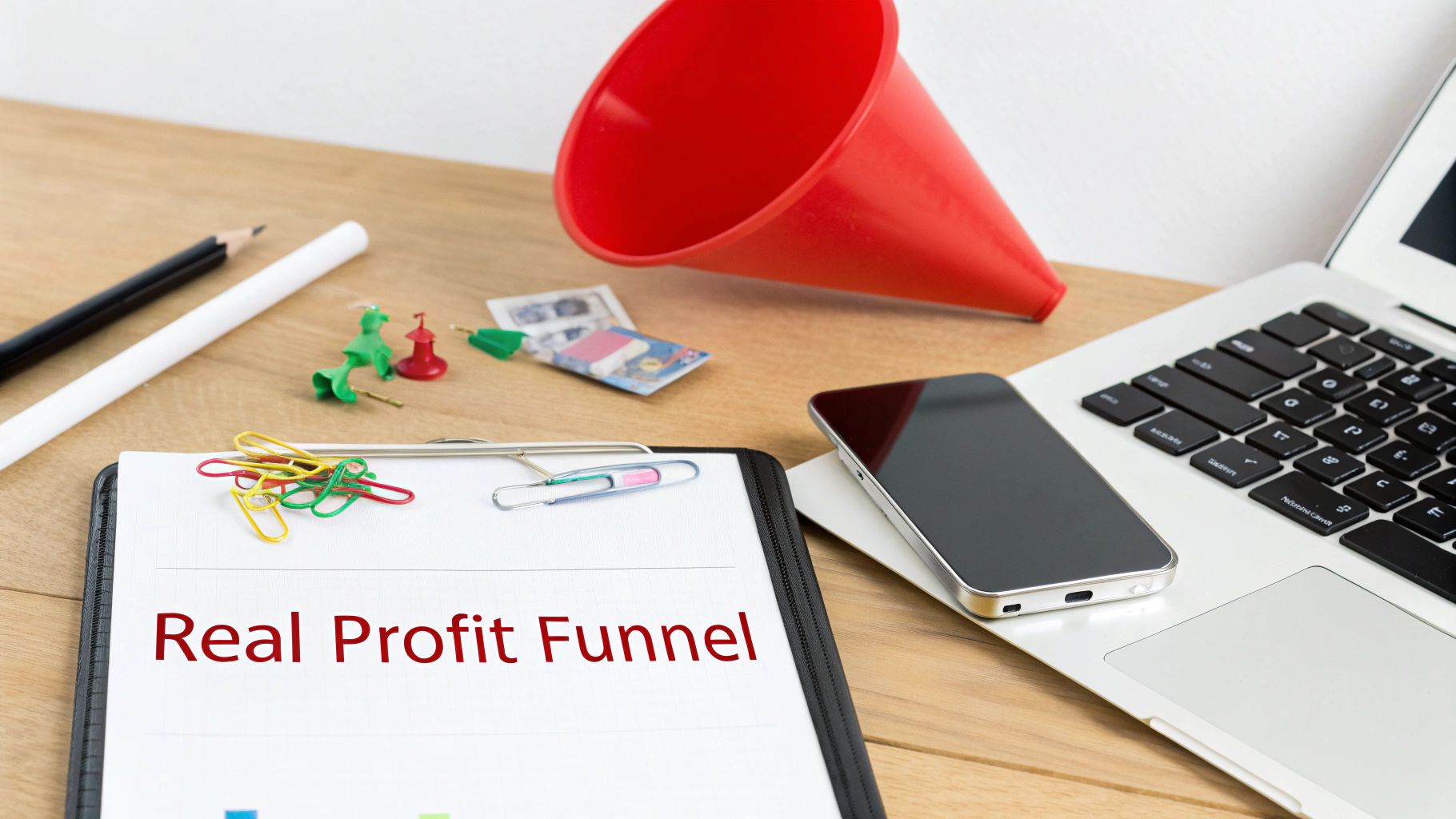 A wooden desk with a clipboard showing 'Real Profit Funnel', a laptop, smartphone, and office supplies.