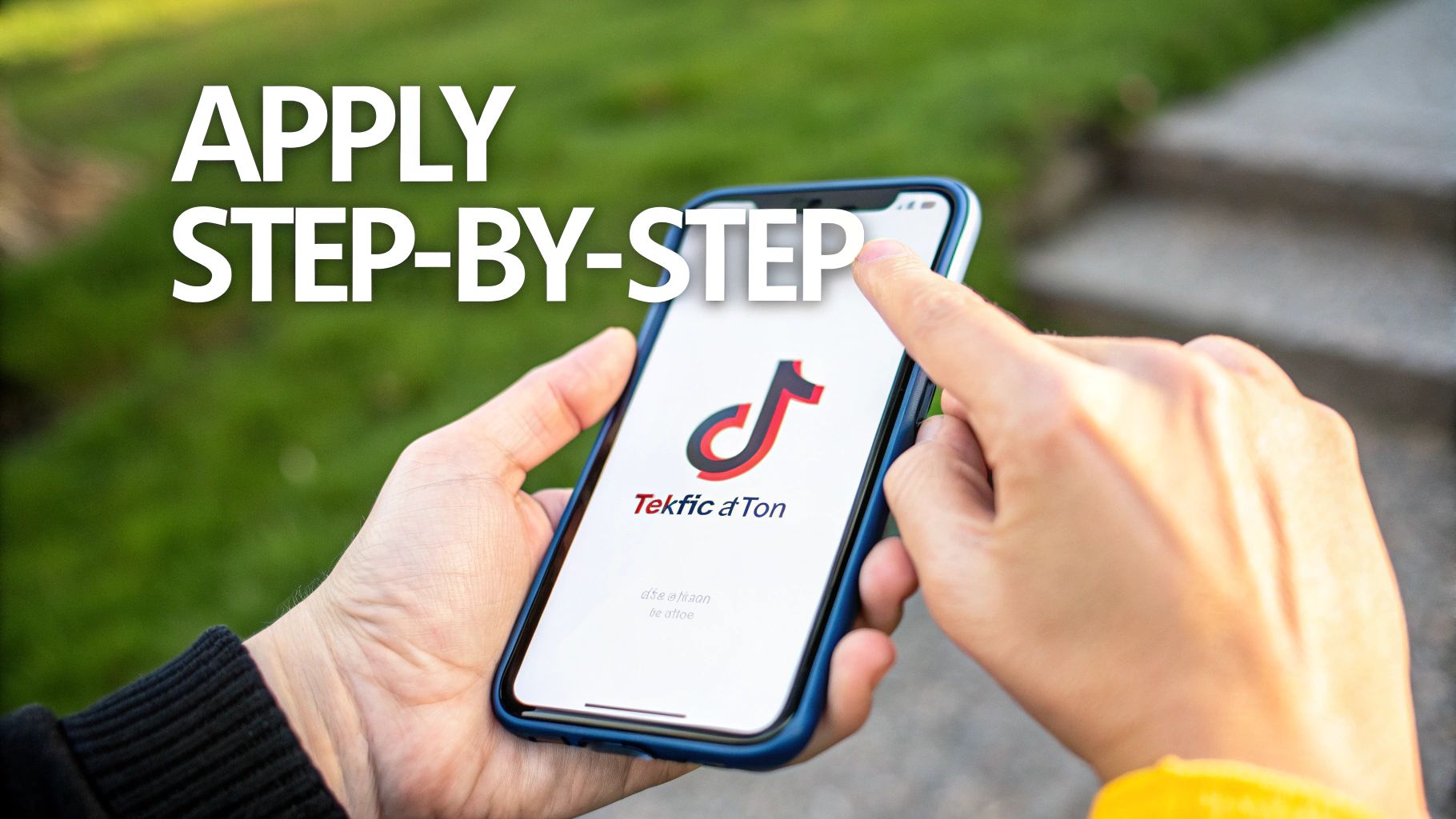 Hands holding a smartphone displaying the TikTok app logo, with 'APPLY STEP-BY-STEP' text.