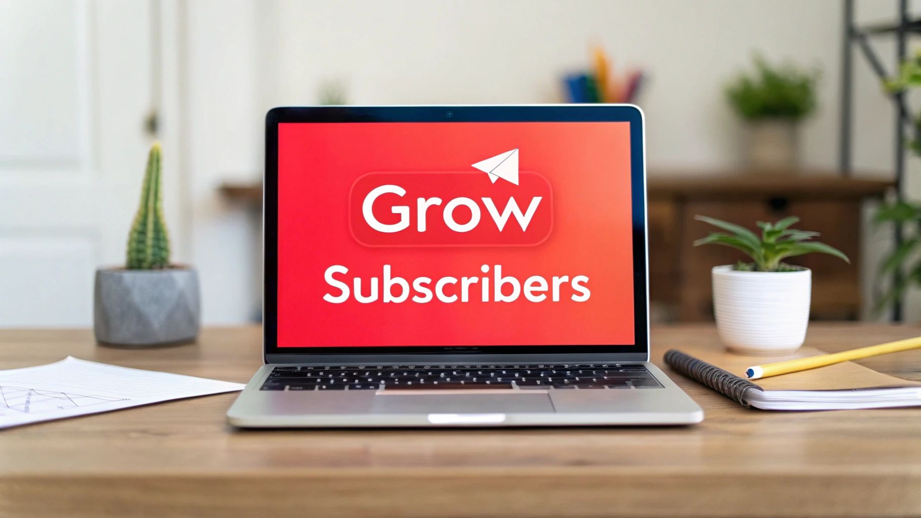 A laptop screen displays 'Grow Subscribers' with a paper airplane, surrounded by plants and stationery.