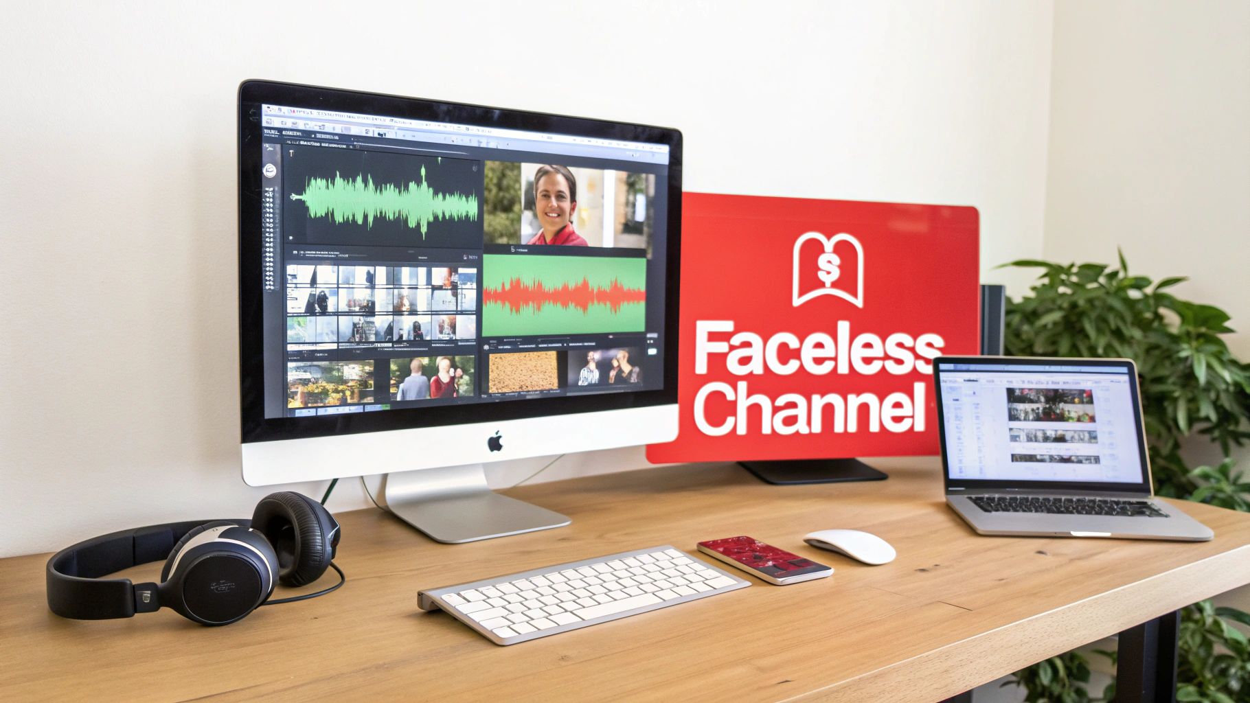A modern desk setup with an iMac showing video editing, a 'Faceless Channel' sign, MacBook, and accessories.