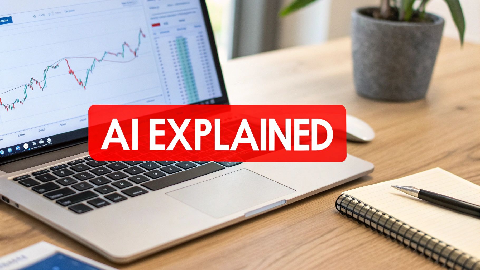 A laptop on a wooden desk with financial charts, featuring a red banner reading 'AI EXPLAINED'.