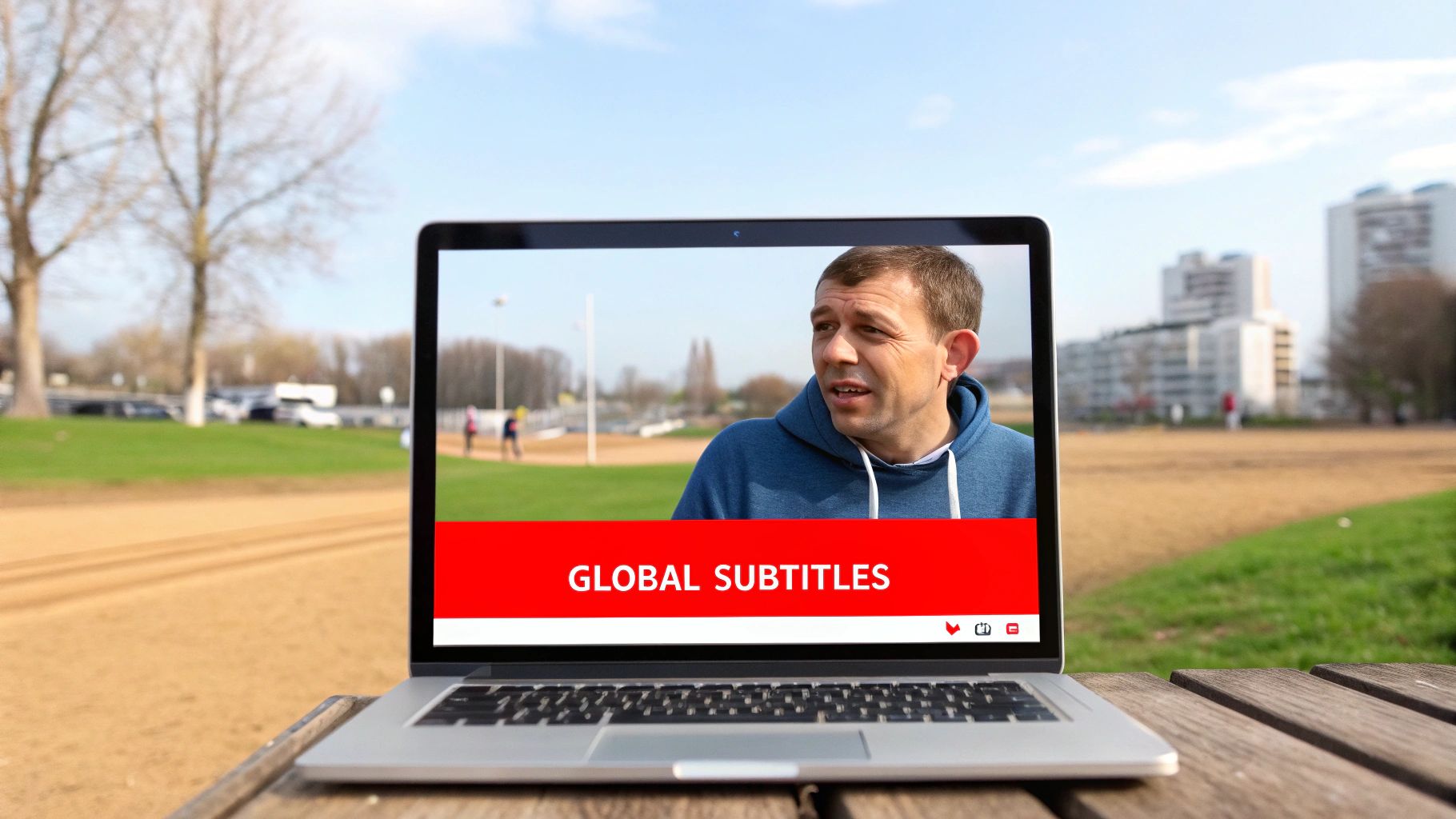 A laptop displays a video of a man in a blue hoodie with "GLOBAL SUBTITLES" on a red bar, set outdoors on a wooden table.