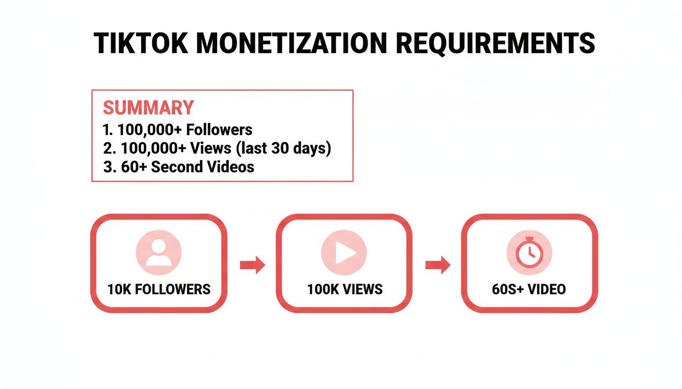 TikTok monetization requirements graphic showing followers, views, and video length needed for earning.