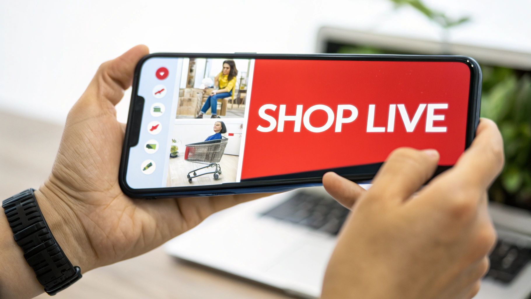 Hands hold a smartphone displaying a 'SHOP LIVE' screen with products and models.