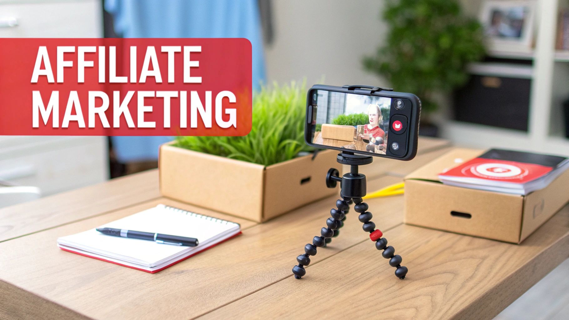 A smartphone on a tripod records a person unboxing a product, with a banner stating 'AFFILIATE MARKETING'.