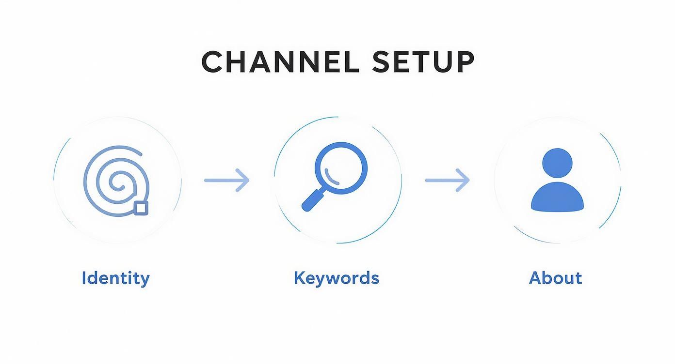 A diagram showing the channel setup process: Identity, Keywords, and About, with arrows connecting them.