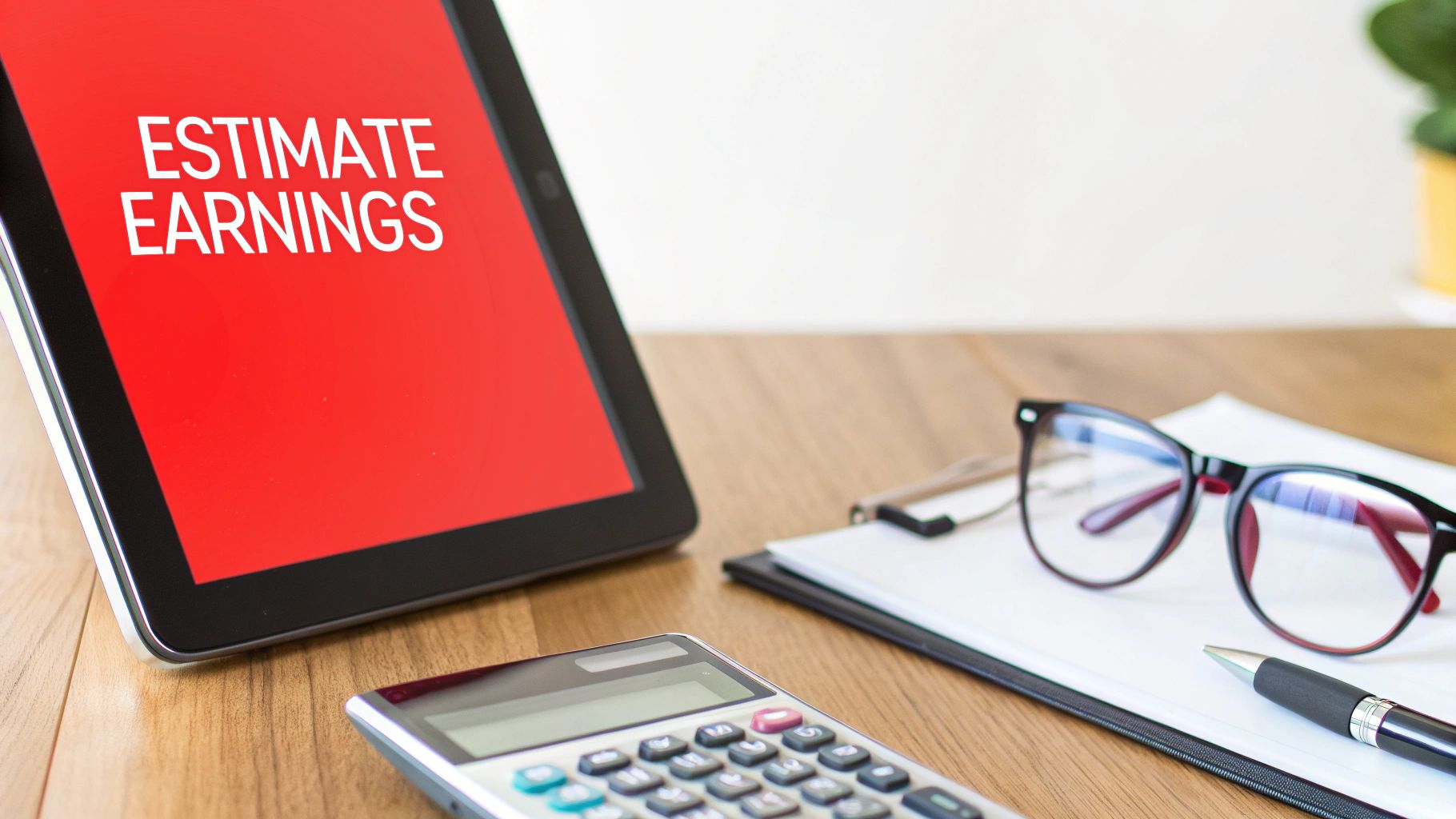 Tablet displaying 'ESTIMATE EARNINGS' on a red screen, with a calculator, glasses, and pen on a desk.