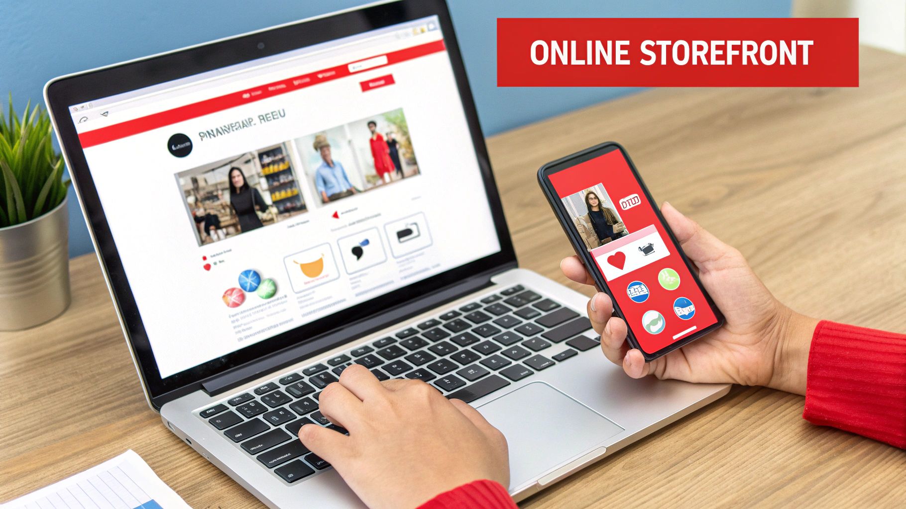 A person designing their online store on a laptop, with social media icons floating around, representing a cohesive digital presence.