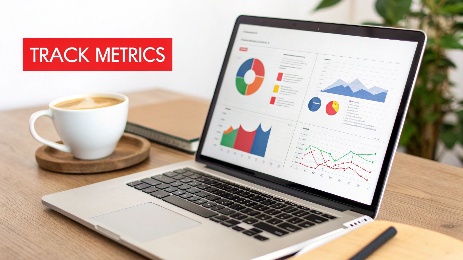 A laptop screen displaying data analytics, charts, and graphs for tracking metrics, with a coffee cup.
