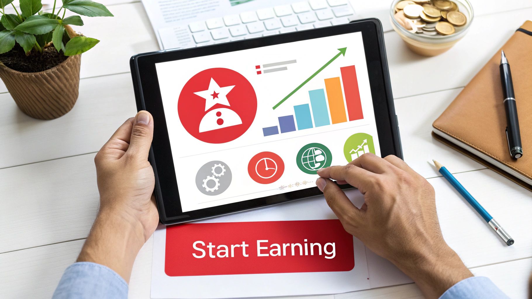 Person holds a tablet showing a growth chart, icons, and "Start Earning" text, on a white desk.