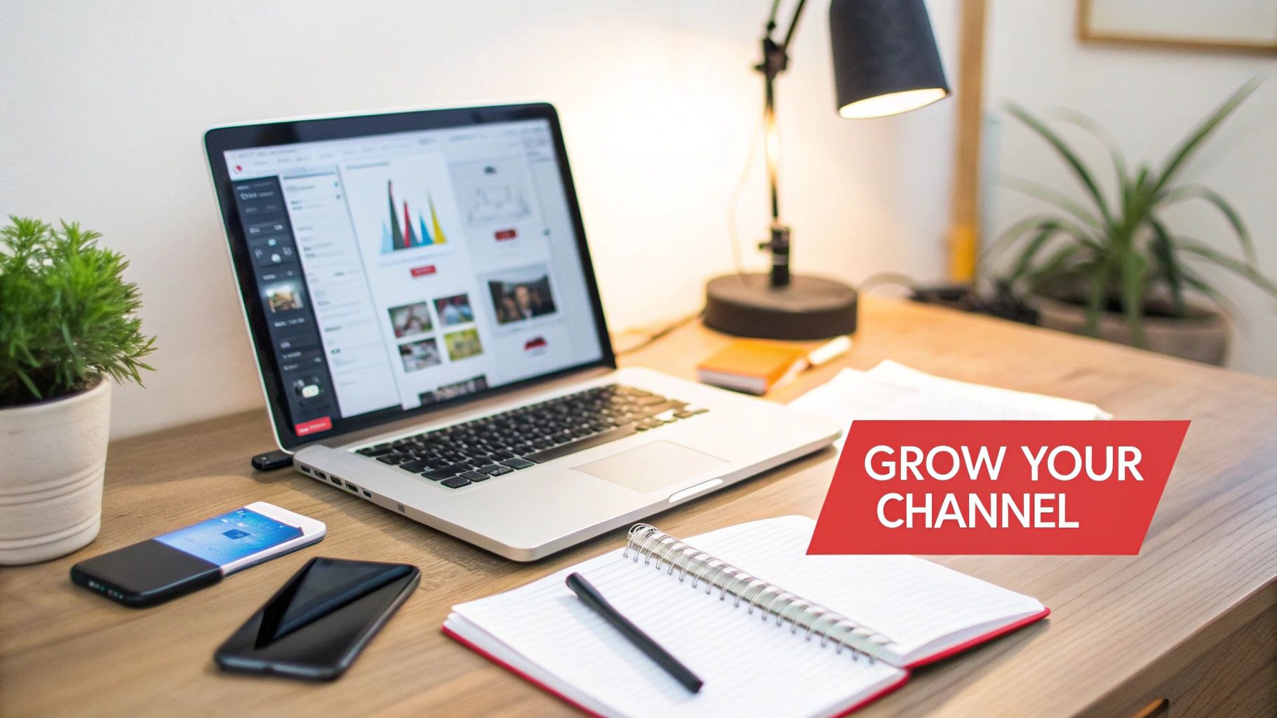 A home office desk with a laptop, smartphones, a plant, and a 'GROW YOUR CHANNEL' overlay.