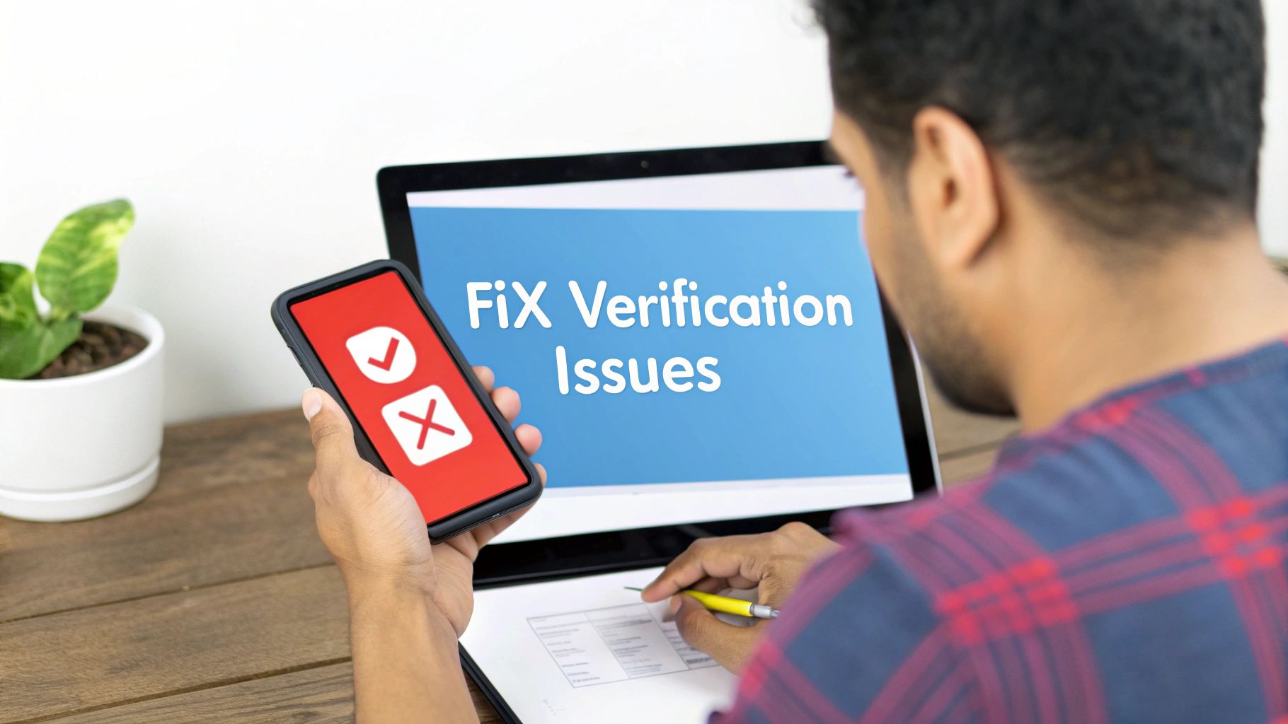 A person fixes verification issues on a laptop while holding a smartphone with checkmark and cross symbols.
