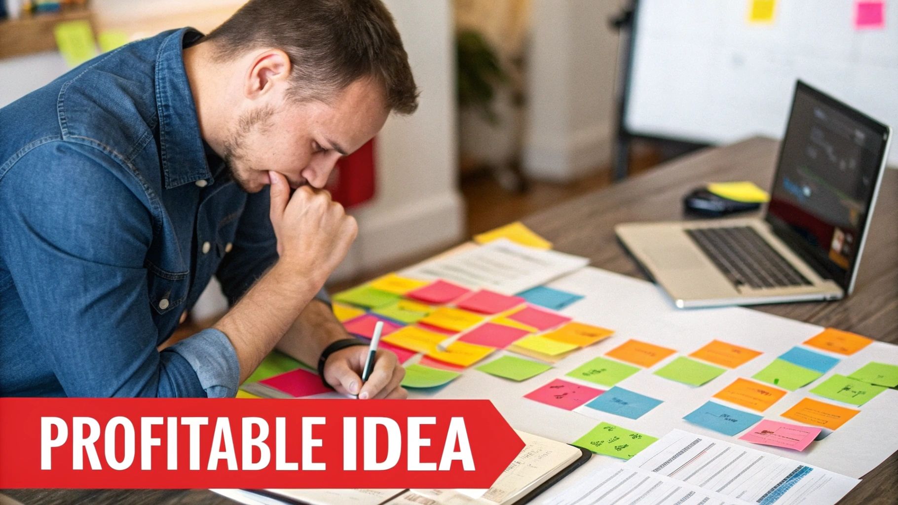 A person sketching business ideas on a whiteboard, symbolizing the process of finding a viable online business concept.