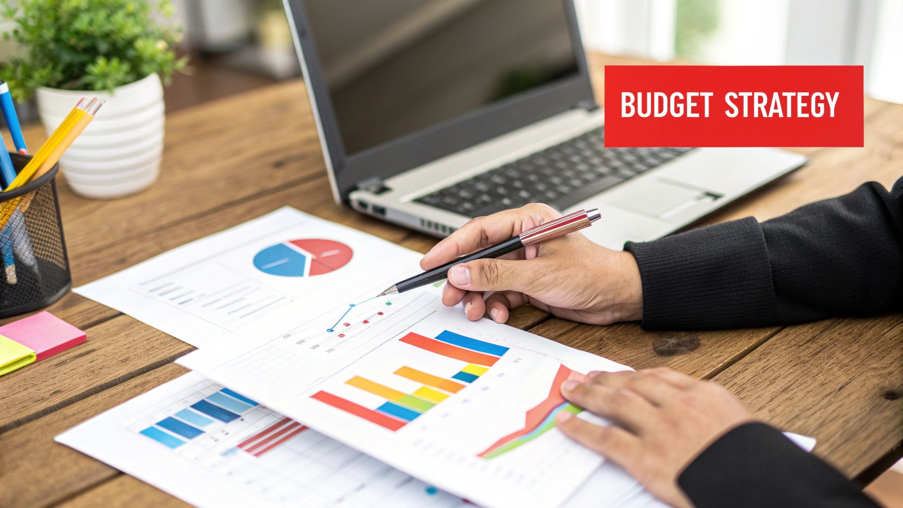 A person holding a magnifying glass over a pile of coins, with a bar chart in the background, symbolizing budget analysis and financial strategy.