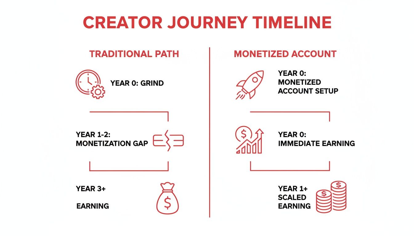 A timeline contrasting the traditional creator path with a monetized account, showing earning differences.