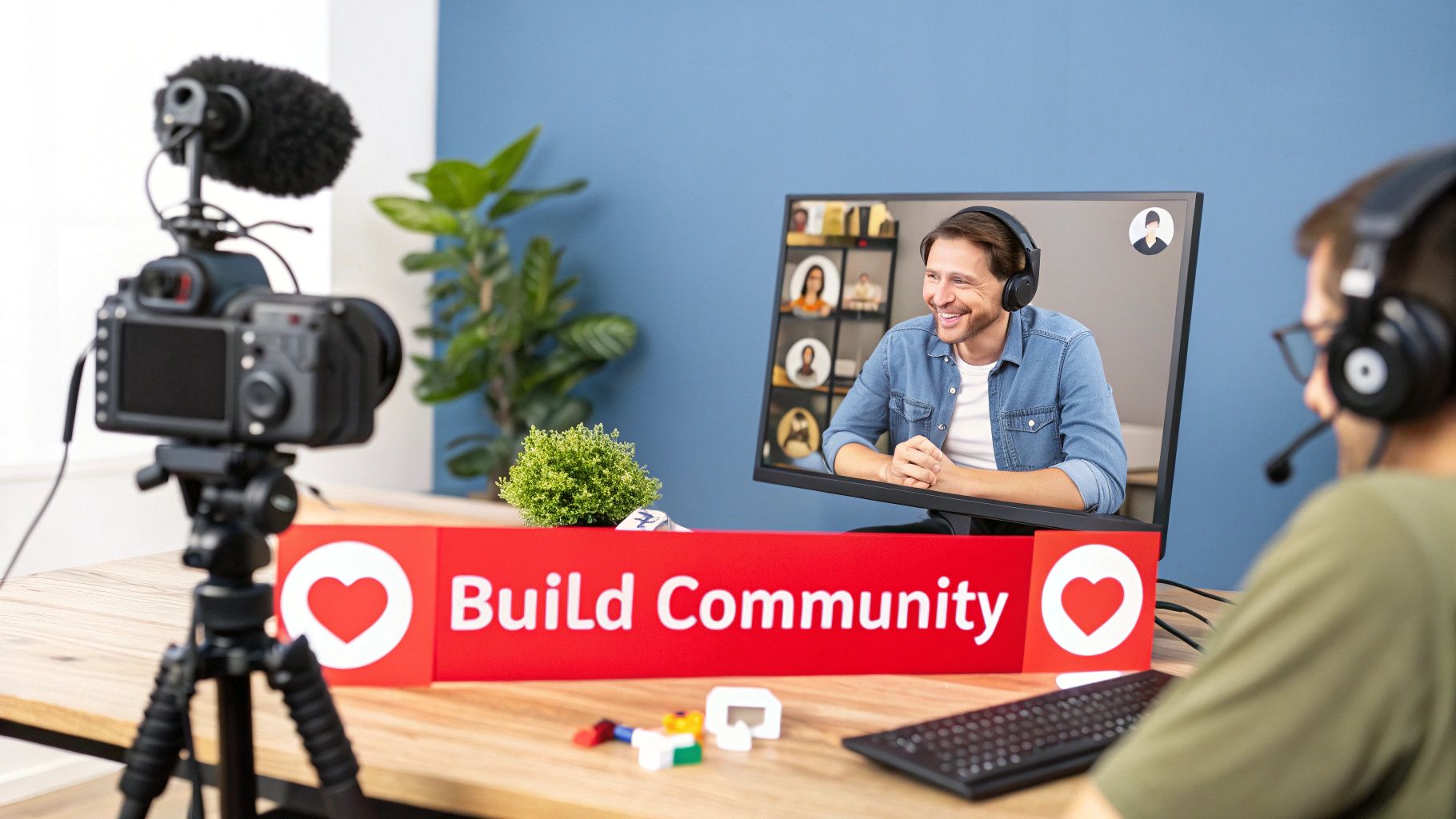 A person live streams for online community building, featuring a monitor and camera setup.