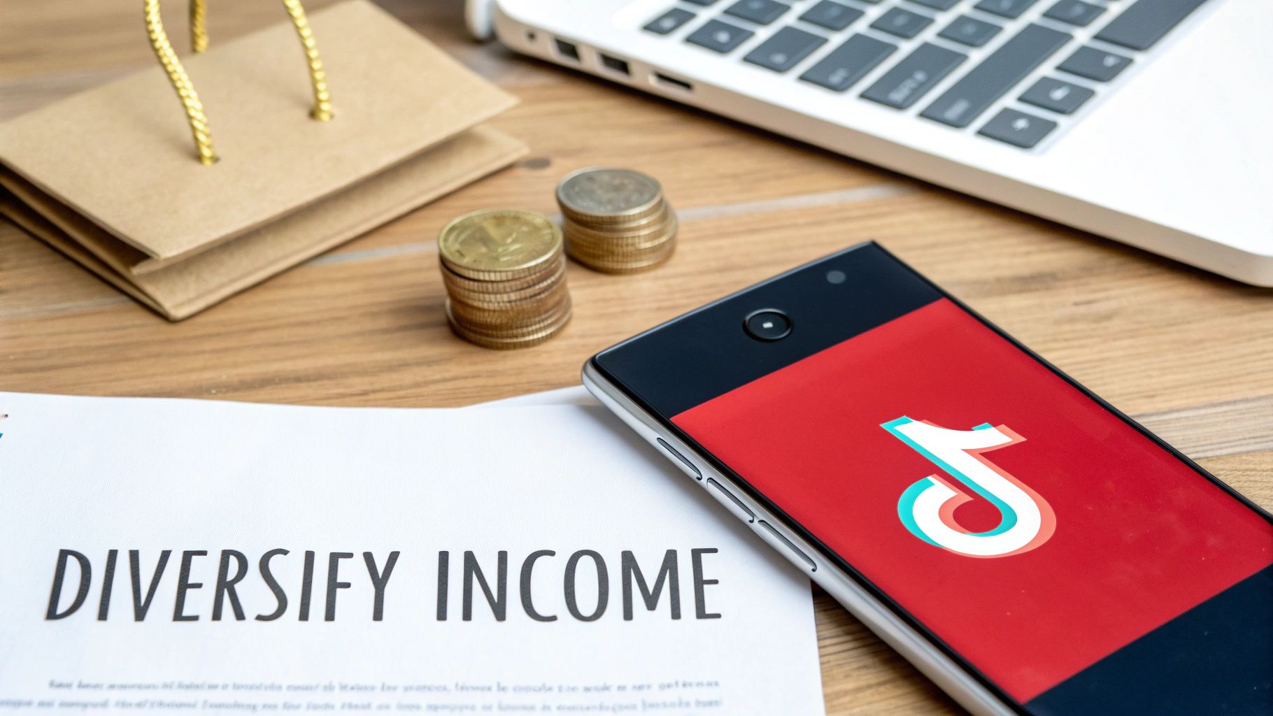 A smartphone displaying the TikTok logo, coins, and a document saying 'Diversify Income' on a desk, representing online earning opportunities.